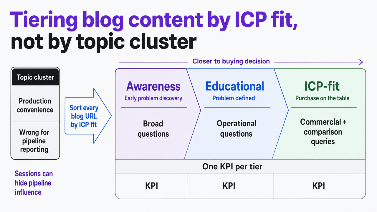 Visualize the three-tier content classification and the one-KPI-per-tier rule described directly in the section from ref_7