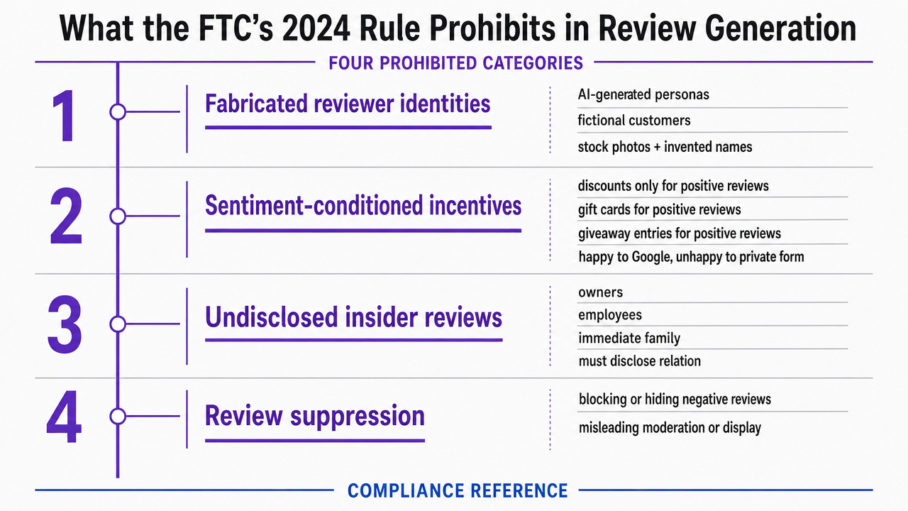 Visualize the four prohibited review-generation categories under the FTC's 2024 rule as cited in this section, giving readers a scannable compliance reference tied directly to the surrounding prose