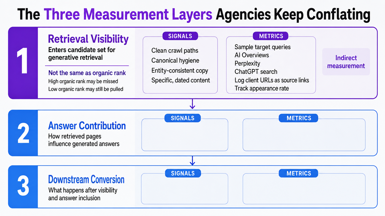 Visualize the three-layer measurement framework (Retrieval Visibility, Answer Contribution, Downstream Conversion) that structures the entire section, showing how each layer relates to signals and metrics