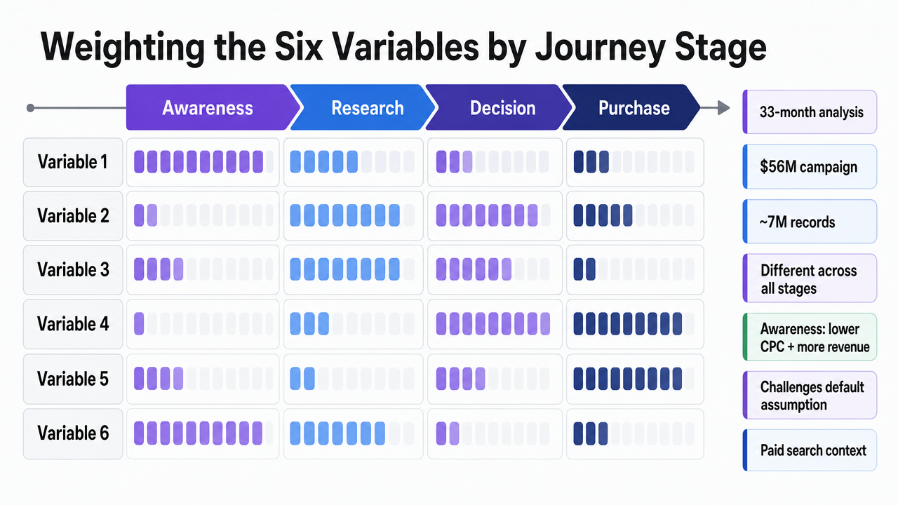 Show how the six scoring variables are weighted differently across the four buyer journey stages, reinforcing the section's central framework
