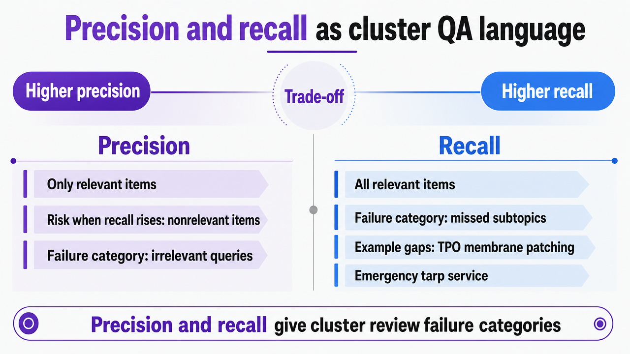 Visualize the precision vs recall trade-off as a diagnostic framework for cluster QA, directly supporting the section's argument that these two concepts give cluster review a failure-category grammar