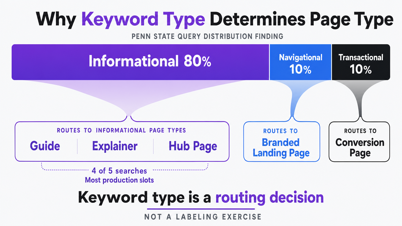 Visualize the Penn State query distribution finding cited in the section prose (80% informational, 10% navigational, 10% transactional), which is the single most concrete data point in the article and directly supports the section's argument that keyword type determines routing