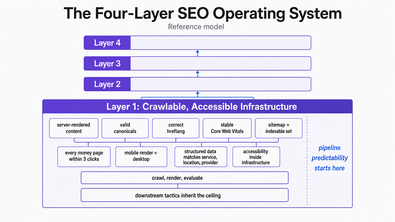 Visualize the four connected operating layers described in the section as a stacked framework, giving readers a reference model for the rest of the article