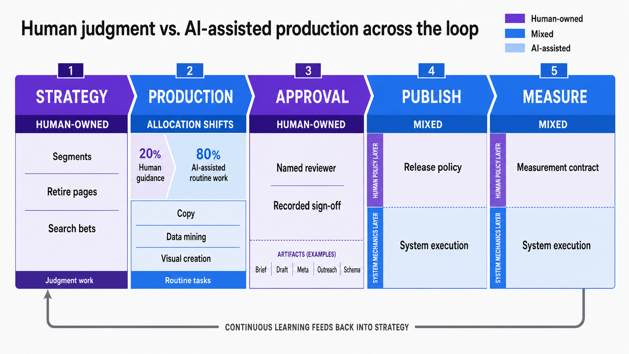 Visualize the five-stage SEO operating loop with human-owned versus AI-assisted allocation, directly matching the section's explicit description of the loop
