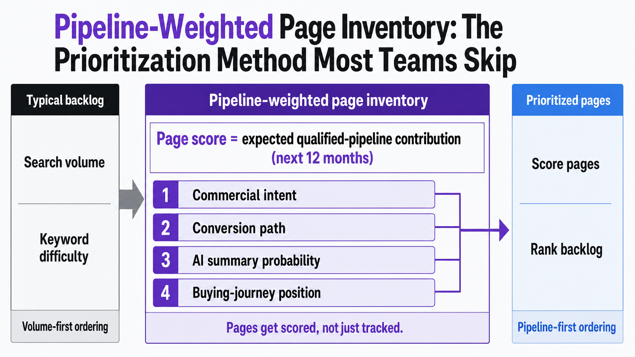 Visualize the four-input scoring framework the section describes for ranking pages by pipeline contribution, since this framework is the operational core of the section but has no chartable numeric data