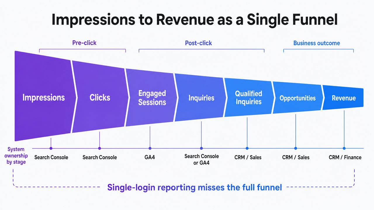 Visualize the seven-stage pipeline funnel and the system that owns each stage, directly supporting the section's core framework