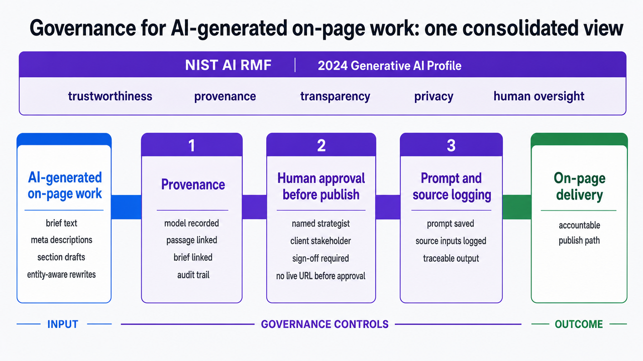 Visualize the three governance controls the section explicitly enumerates (provenance, human approval before publish, prompt and source logging), tied to the NIST AI RMF citations in nearby prose