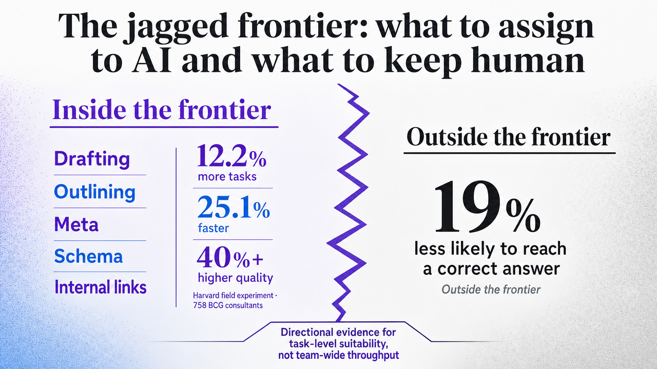 Visualize the task-routing framework distinguishing AI-suitable (inside frontier) work from human-only (outside frontier) work, directly reinforcing the section's central comparison and citing the Harvard field experiment data referenced in nearby prose