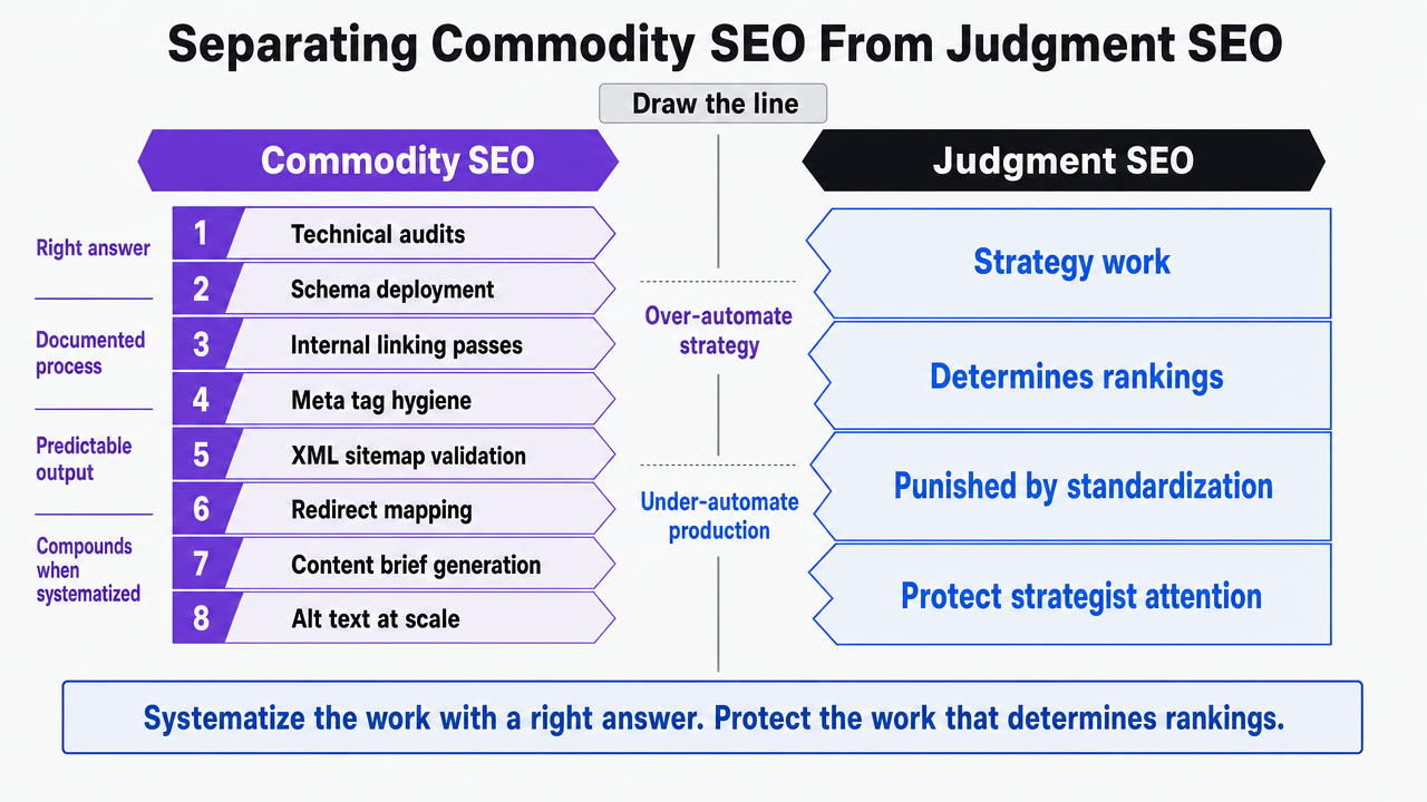 Visualize the comparison between commodity SEO tasks (to systematize) and judgment SEO tasks (to protect), directly supporting the section's operational rule