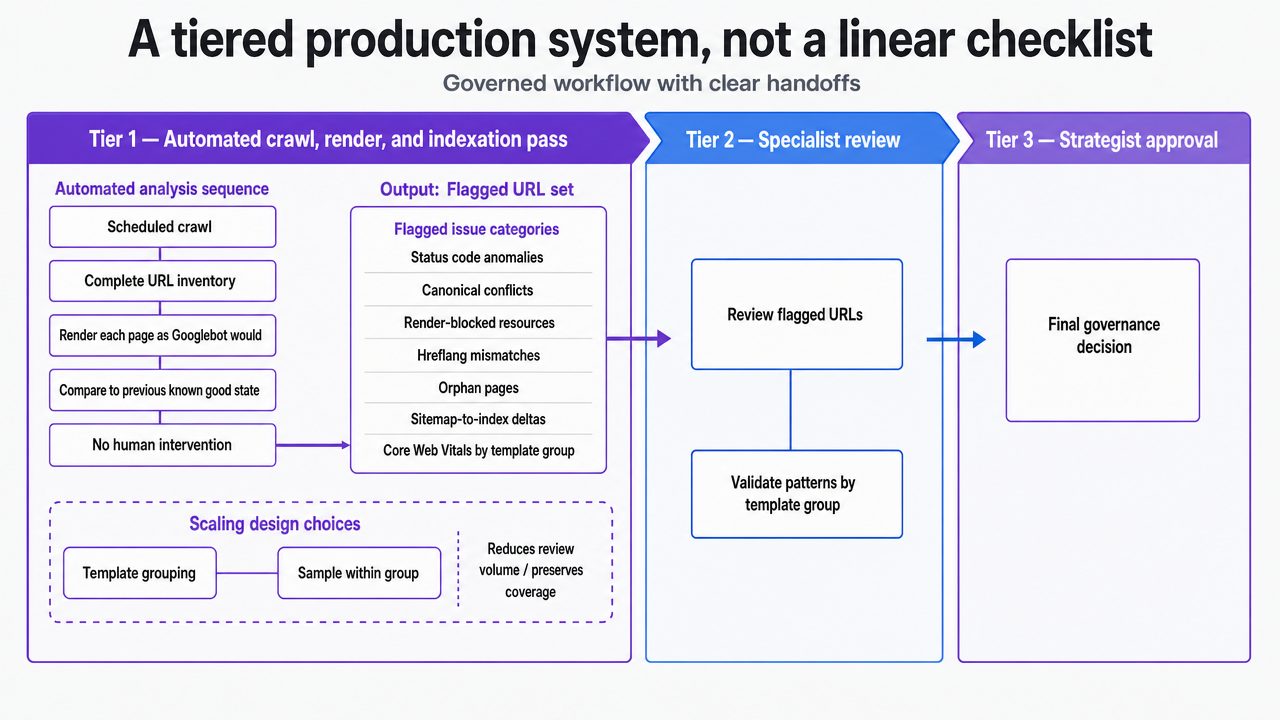 Visualize the three-tier production system (automated crawl, specialist review, strategist approval) described in the section as a governed workflow with clear handoffs