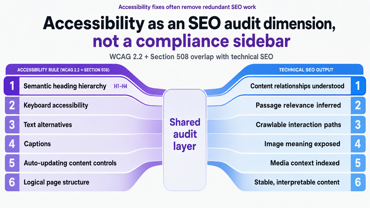 Show the overlap between the six operational accessibility rules and their corresponding technical SEO output metrics referenced in the section