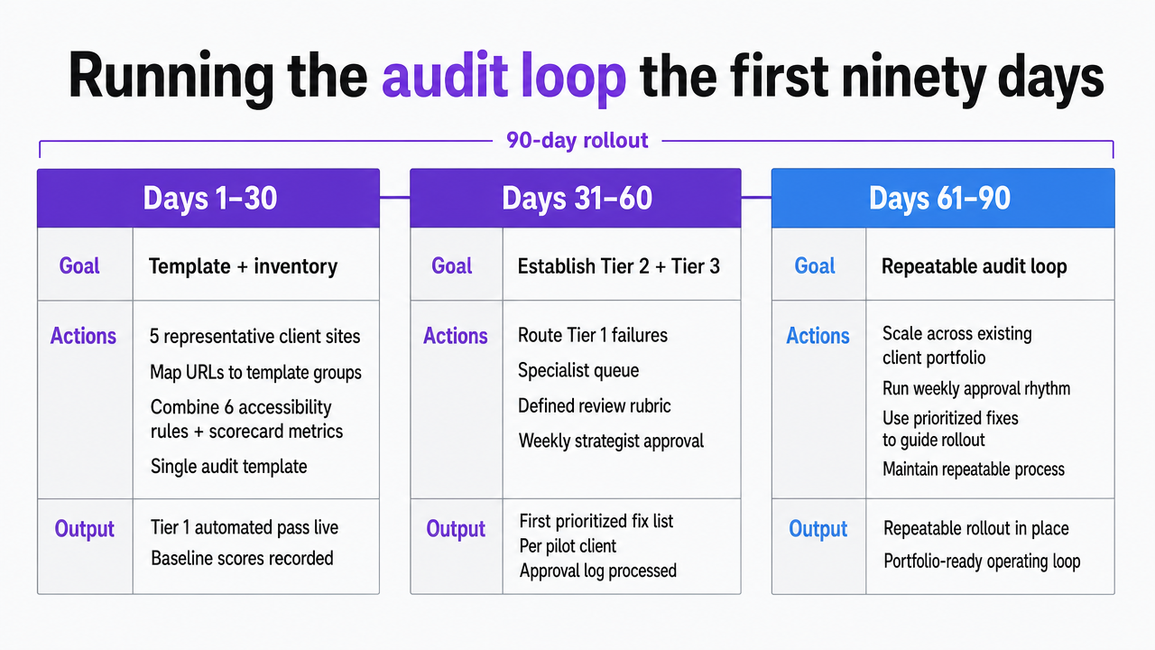 Visualize the ninety-day rollout plan described in the section as a three-block timeline with concrete outputs per phase