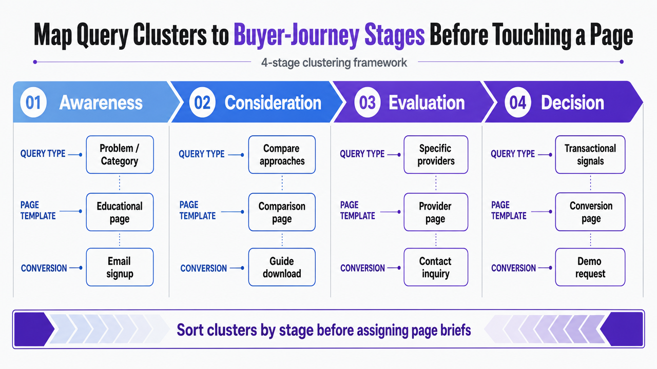 Visualize the four-stage query clustering framework described in the section, showing how each stage maps to a distinct page template and conversion event