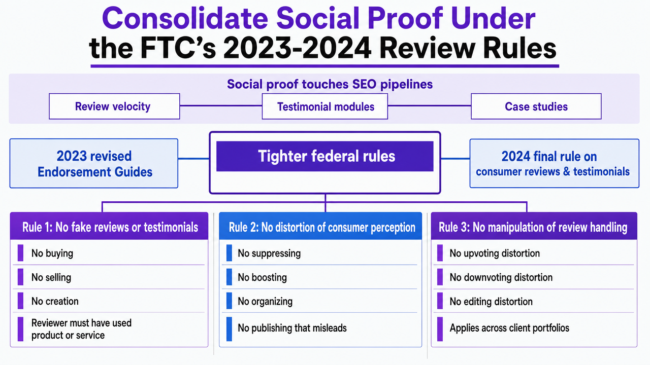 Summarize the three standing FTC-compliant rules for managing social proof across a client portfolio, as enumerated in the section