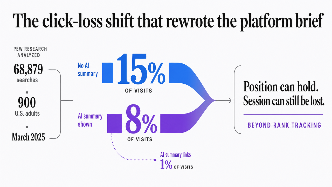 Visualize the Pew Research finding on click-through rate reduction when AI summaries appear, which is the central data point of this section
