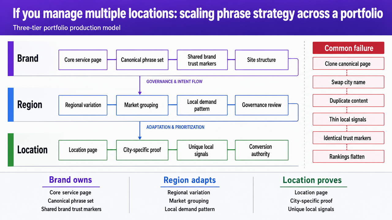 Visualize the three-tier portfolio production model (brand, region, location) described in the section's operating plan and comparison table