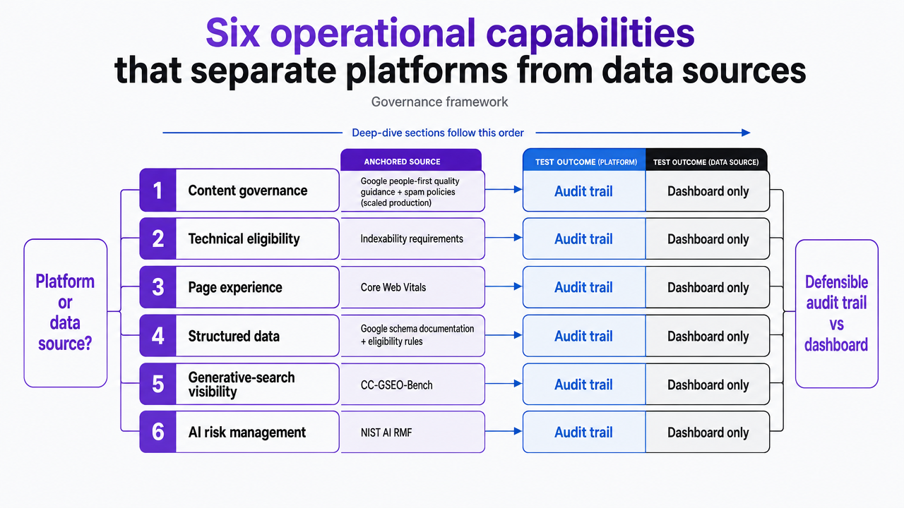 Visualize the six governance capabilities framework that structures the entire article, giving readers a mental map before the deep-dive sections