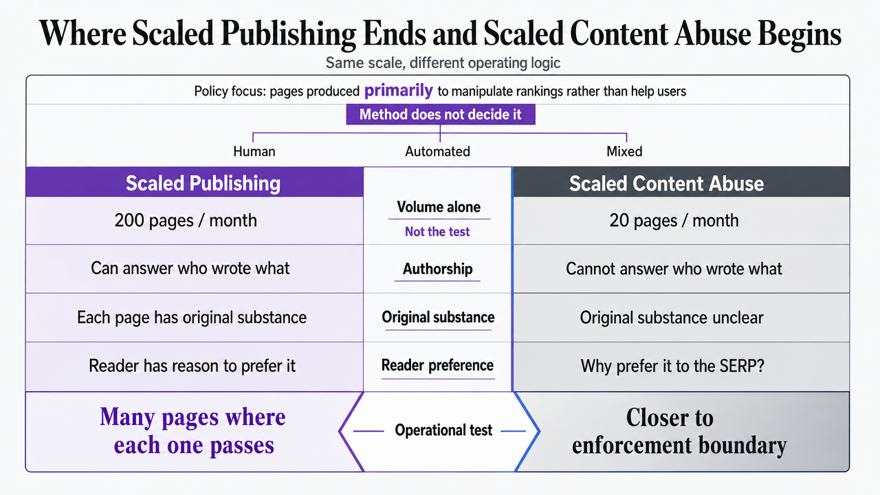 Visualize the section's explicit comparison between scaled publishing and scaled content abuse as two operational patterns