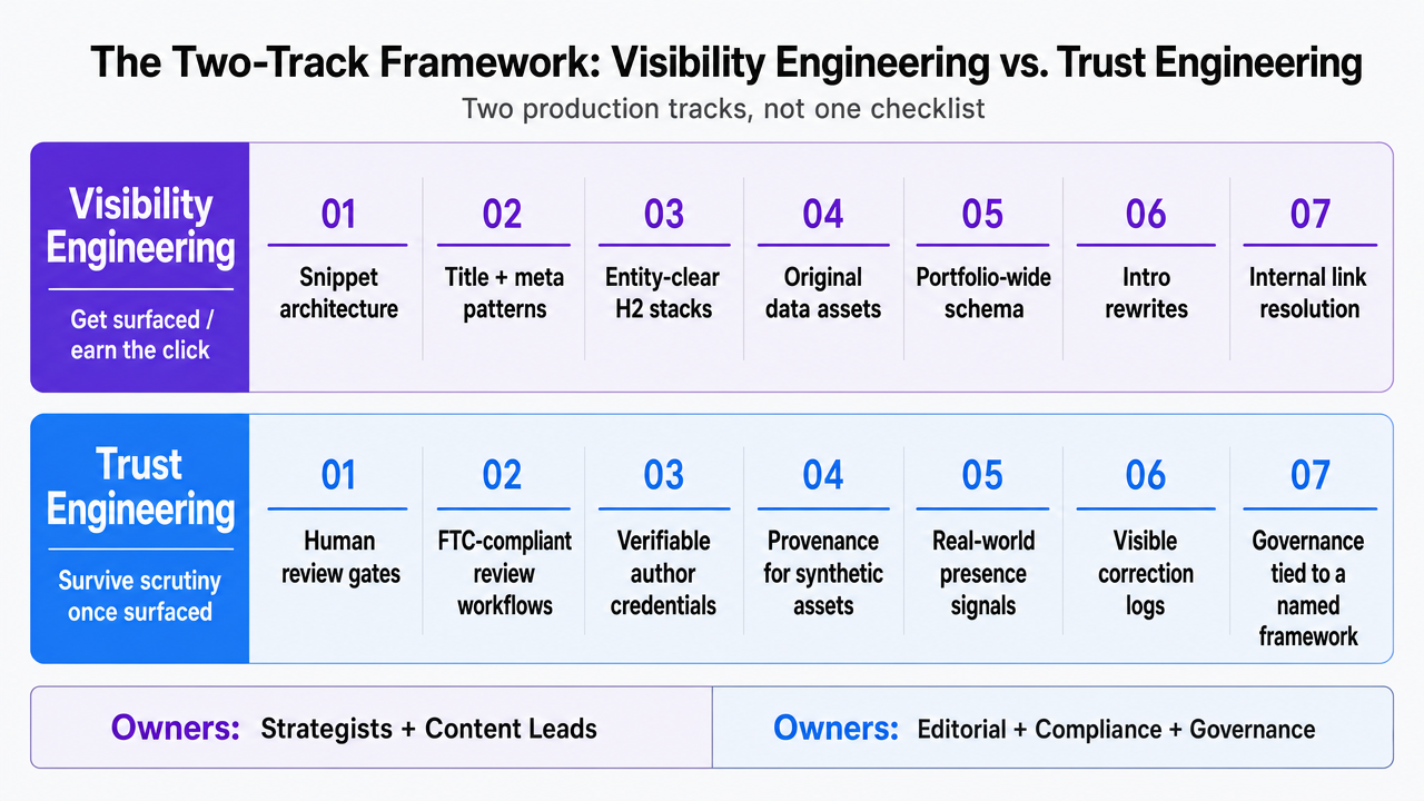 Visualize the article's core organizing framework: two parallel production tracks, each with seven named tactics and distinct owners, so readers can orient to the 14 tips that follow