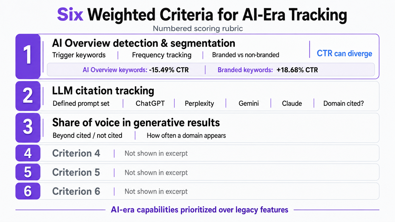 Visualize the six-criteria scoring rubric introduced in this section as a numbered framework