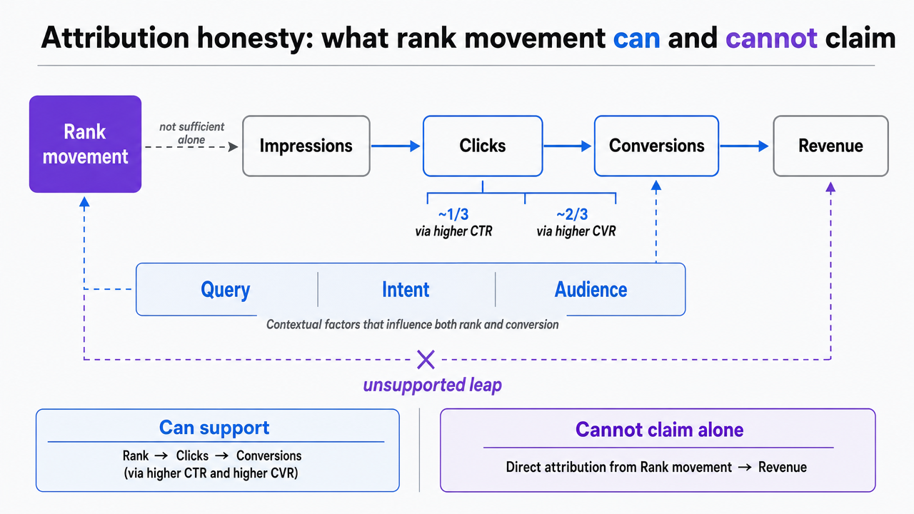 Illustrate the attribution chain the section describes, showing how rank connects (or fails to connect) to impressions, clicks, conversions, and revenue