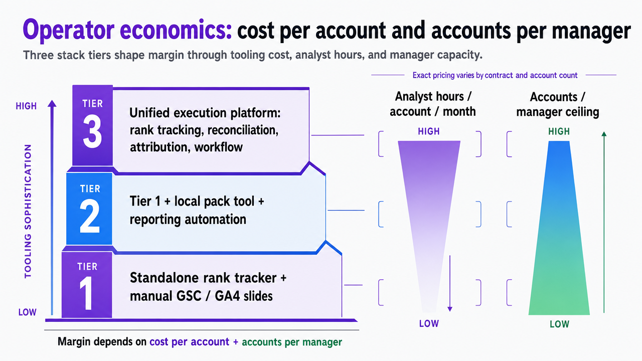 Reinforce the three-tier stack comparison table in this section by presenting the accounts-per-manager ceiling and analyst hours per account as a visual tier ladder, matching the numbers cited in the prose