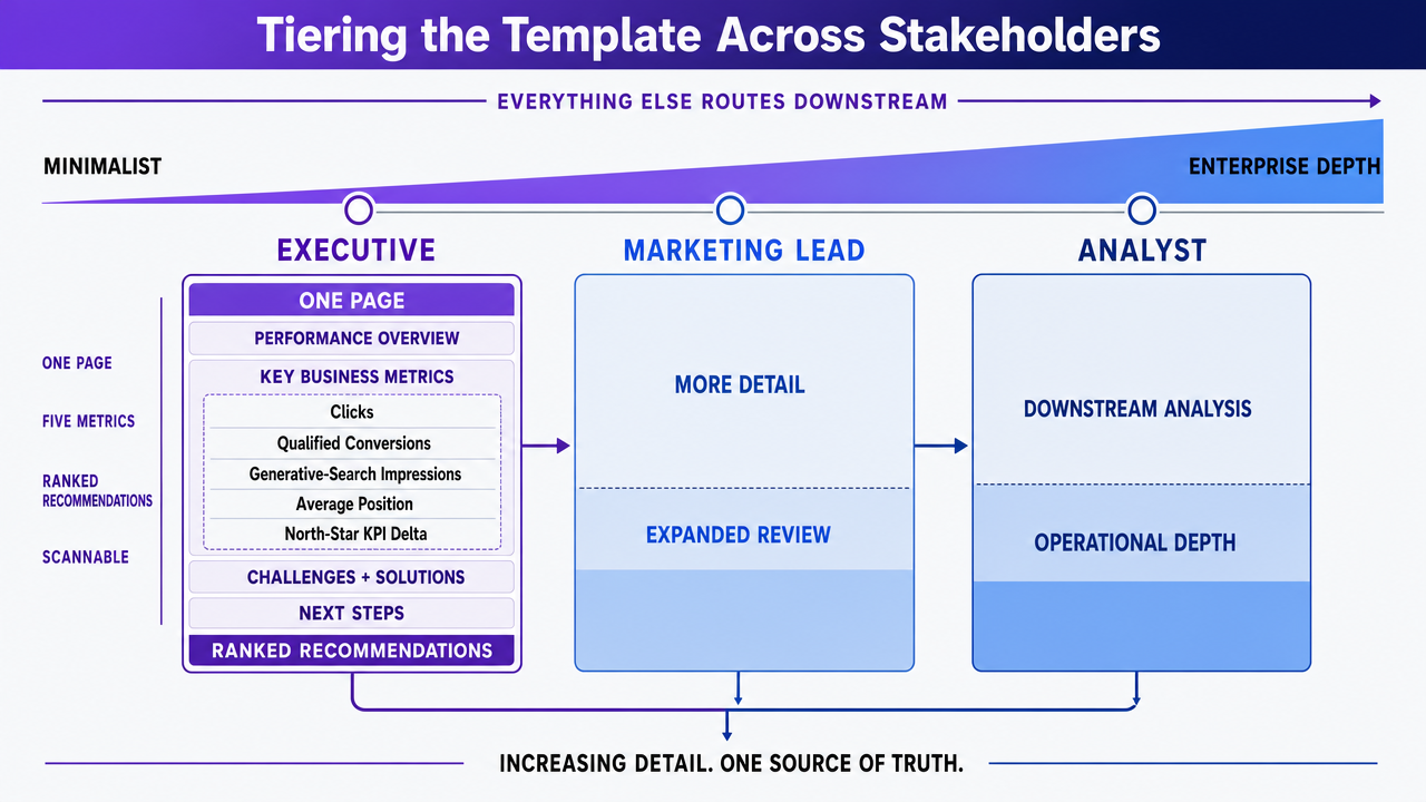 Compare the three stakeholder tiers (Executive, Marketing Lead, Analyst) side-by-side to reinforce the section's central resolution of the minimalist-vs-enterprise tension