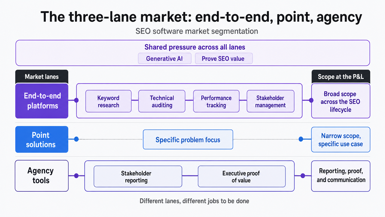 Visualize Forrester's three-lane market segmentation described in this section, giving readers a scannable framework for how end-to-end platforms, point solutions, and agency tools differ in scope