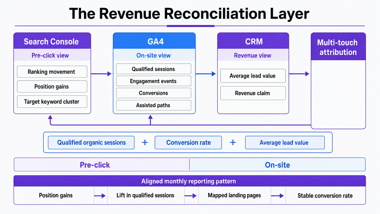 Map the closed-loop data flow from pre-click ranking signals through GA4 behavior into CRM revenue and multi-touch attribution, which is the operational spine of this section