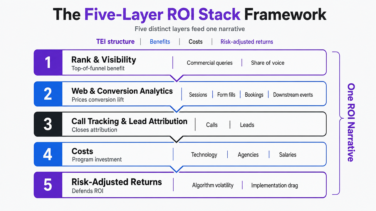 Visualize the five-layer stack architecture described in the section, showing how each layer feeds the next in the ROI narrative