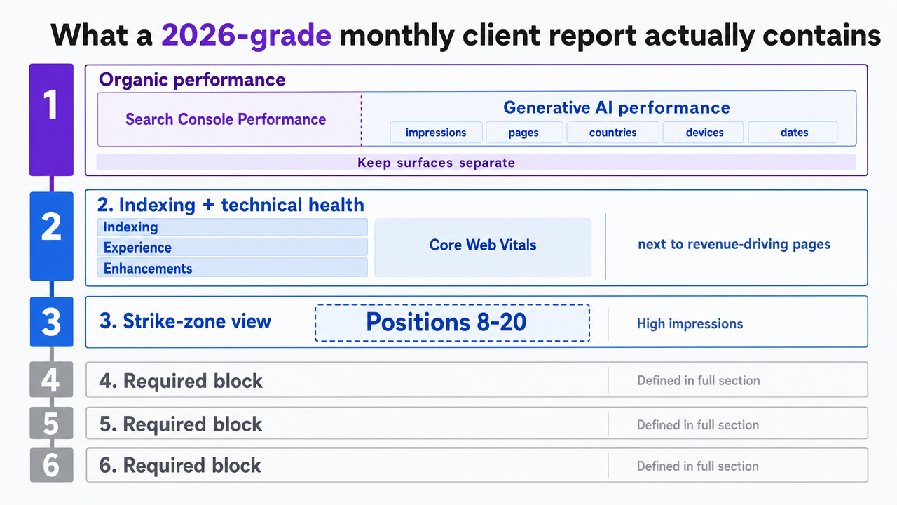Visualize the six required blocks of a modern client report as an ordered process/structure, directly matching the six numbered blocks described in the section prose