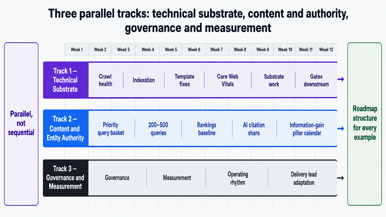 Visualize the three-track operating model that structures every roadmap example in the article, showing how technical, content, and governance tracks run in parallel rather than sequentially