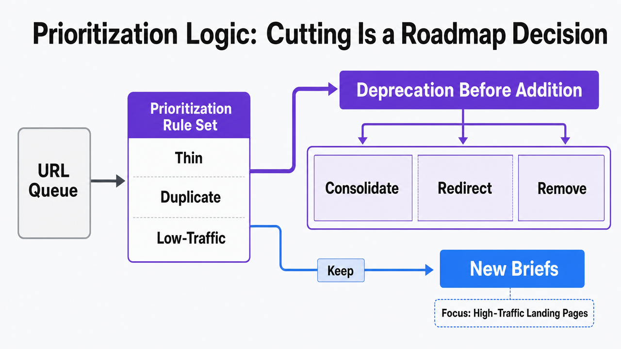 Visualize the cut-versus-keep prioritization rule that routes thin, duplicate, or low-traffic URLs to deprecation before new briefs are opened, directly supporting the section's core prioritization logic