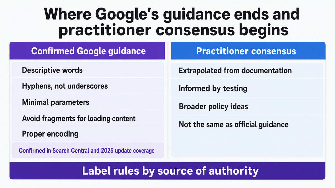 Compare confirmed Google guidance versus practitioner consensus in a two-column framework, directly supporting the section's core argument about labeling rules by source of authority