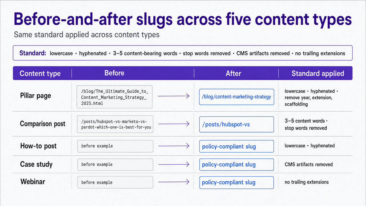 Visualize the five before-and-after slug transformations discussed in the section, giving readers a scannable reference for applying the standard across content types