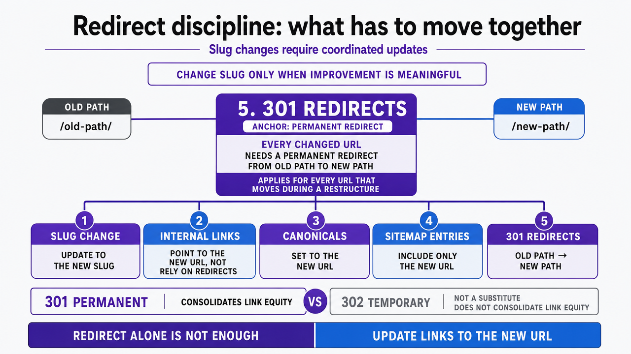 Visualize the coordinated redirect checklist described in the section, showing the five elements that must move together when a slug changes