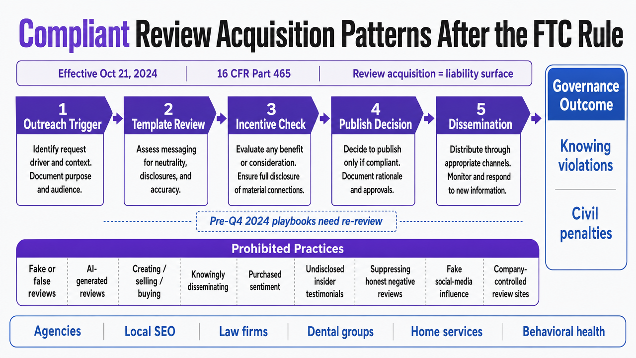 Visualize the compliant review-acquisition workflow described in this section, showing the trigger-to-publish pipeline with explicit prohibited practices as a governance layer