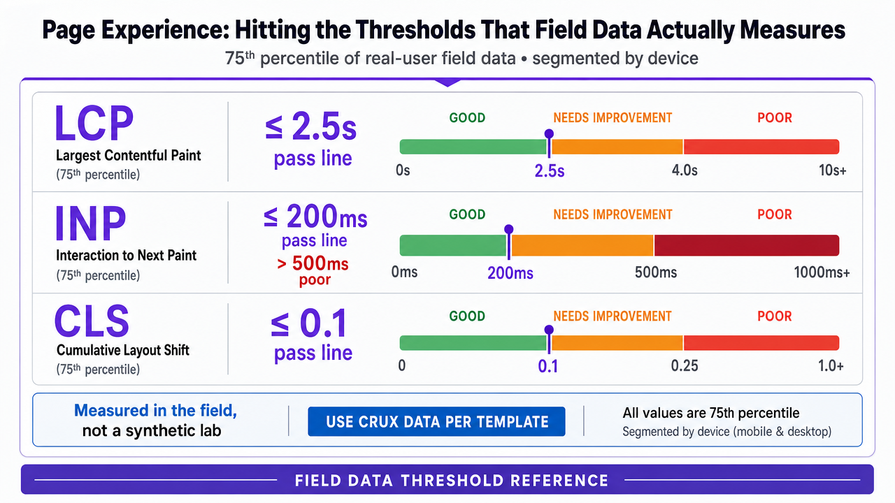 Visualize the three Core Web Vitals thresholds cited in the section (LCP, INP, CLS) as a reference scorecard that matches the numbers in nearby prose