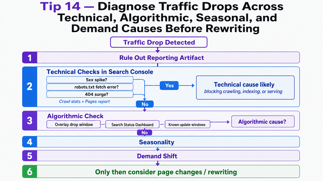 Process/decision flow infographic that mirrors Google's recommended traffic-drop triage sequence described in the paragraph, so a specialist can follow it as a diagnostic sheet