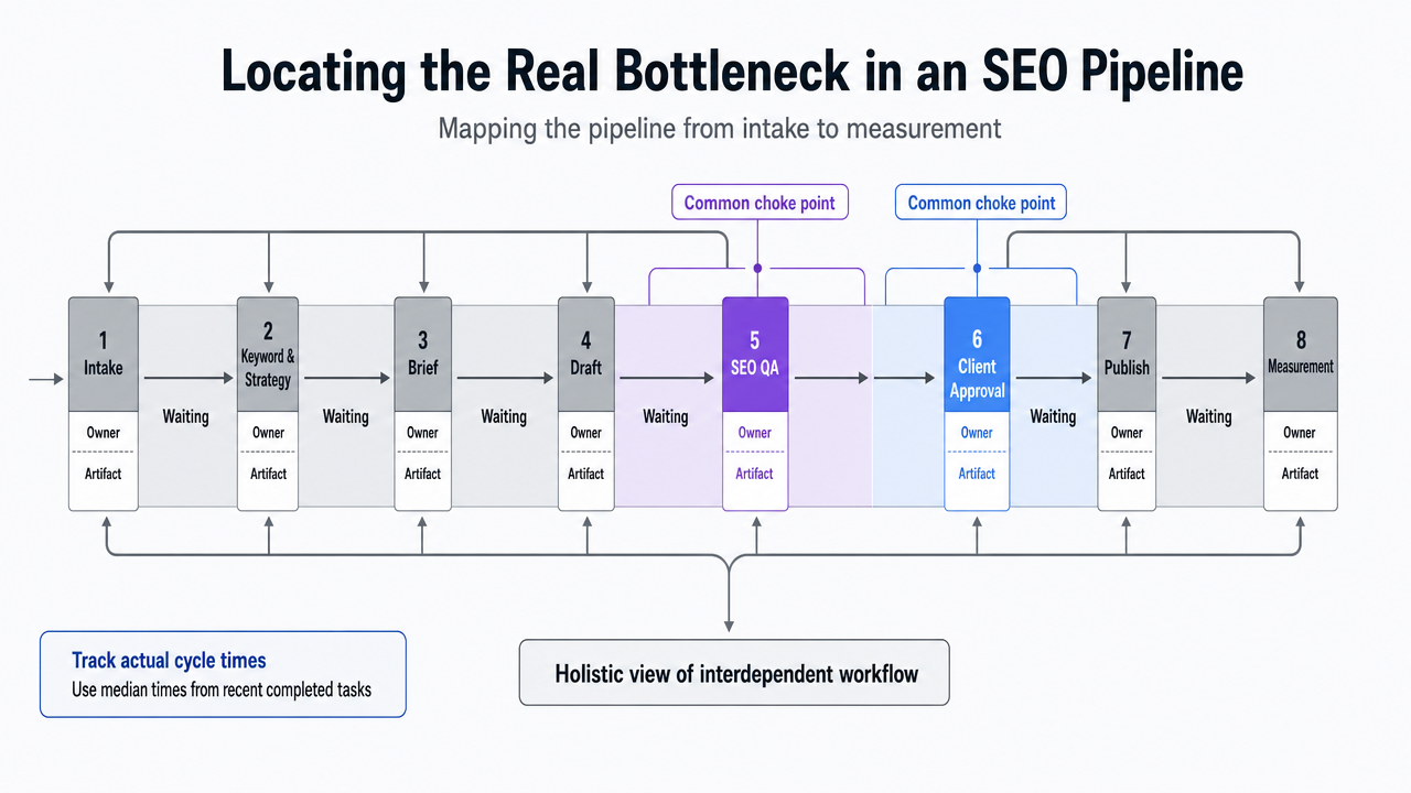 Visualize the eight-stage SEO pipeline described in the section to help readers identify where approval bottlenecks form