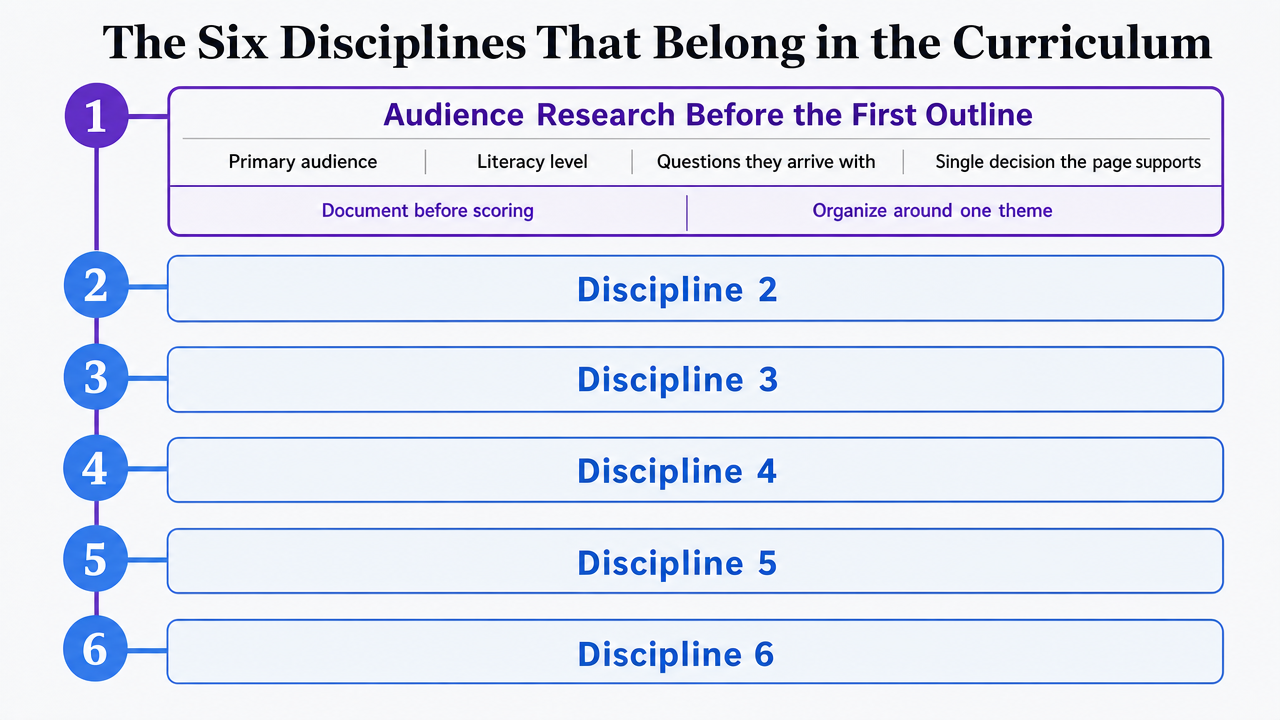 Visualize the six editorial disciplines as a cohesive curriculum framework, directly supporting the section that enumerates them