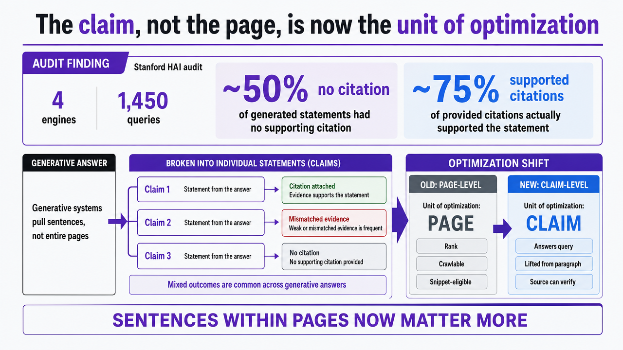 Visualize the Stanford HAI audit finding cited in the section prose about citation gaps in generative search answers