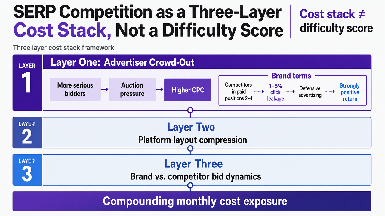 Visualize the three-layer cost stack framework introduced in this section, giving readers a scannable reference for advertiser crowd-out, platform layout compression, and brand-vs-competitor bid dynamics