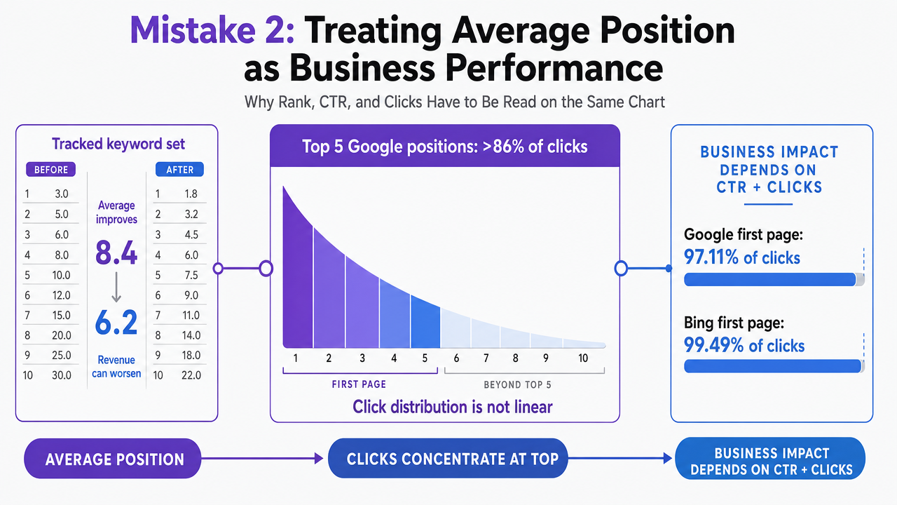 Visualize the click concentration research that justifies why average position is misleading, using the peer-reviewed Google vs Bing first-page click share cited in the section
