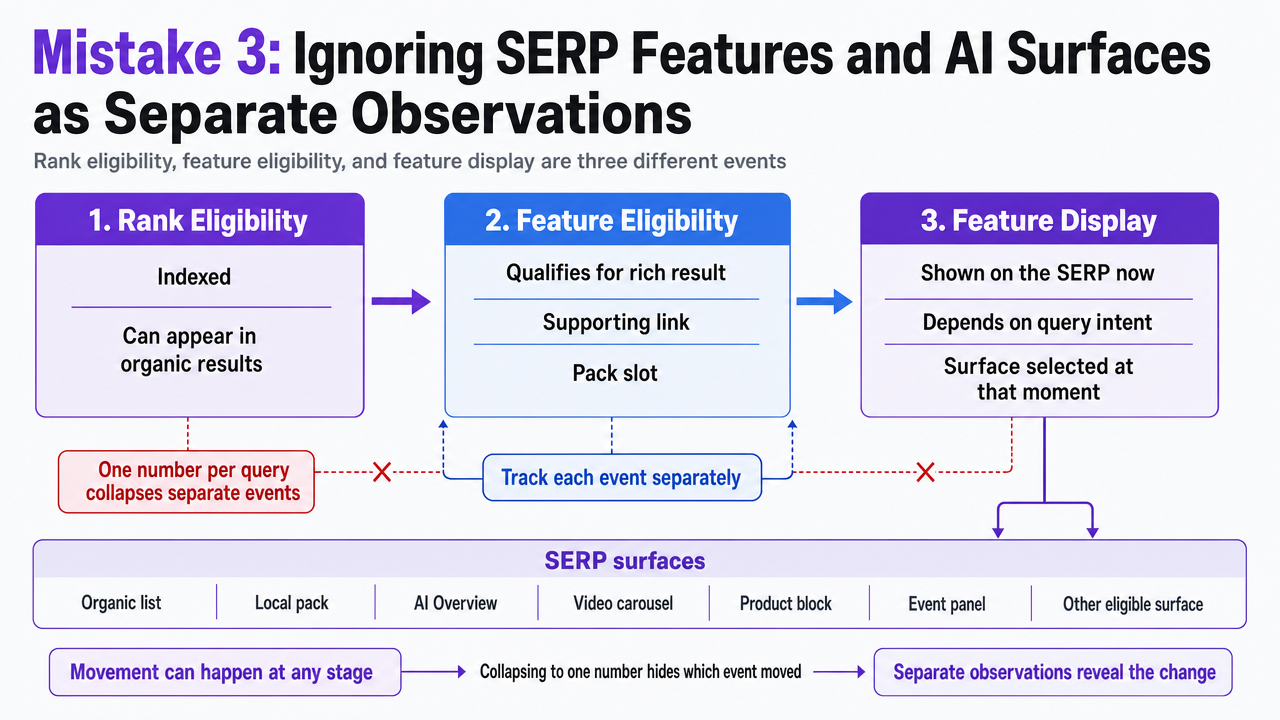 Visualize the three distinct observation events (rank eligibility, feature eligibility, feature display) that the section argues must be tracked separately, since collapsing them hides which event moved