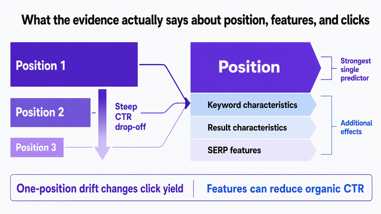 Visualize the steep CTR drop-off across the top three organic positions cited in this section, directly supporting the argument that a one-position drift materially changes click yield