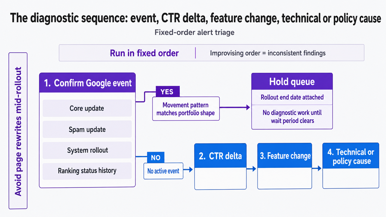 Show the fixed-order triage sequence described in the section as a linear decision flow, so readers can see the exact order alerts should be diagnosed in