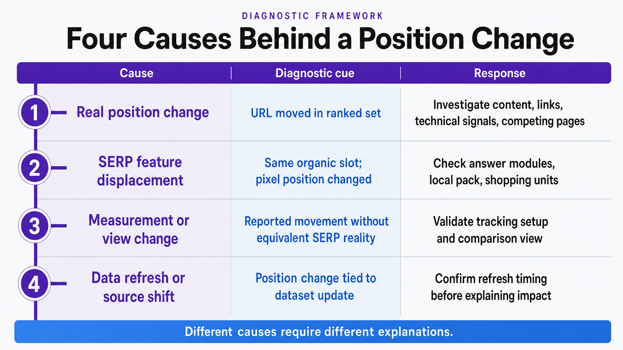 Convert the section's four-cause diagnostic framework into a scannable reference infographic showing each cause, its diagnostic cue, and the appropriate response — directly matching the article's cited framework