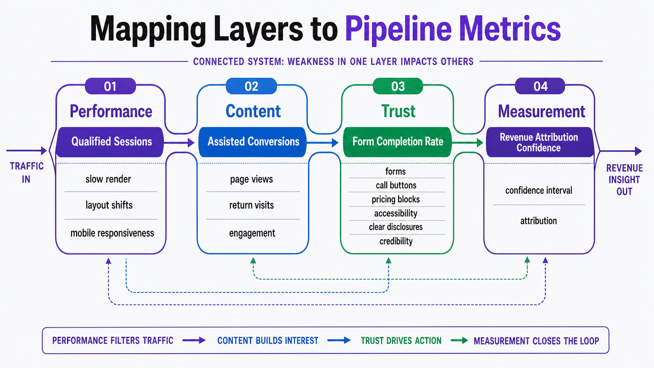 Visualize the four coupled layers of a revenue-grade site and the specific pipeline metric each one influences, directly supporting the section's central framework
