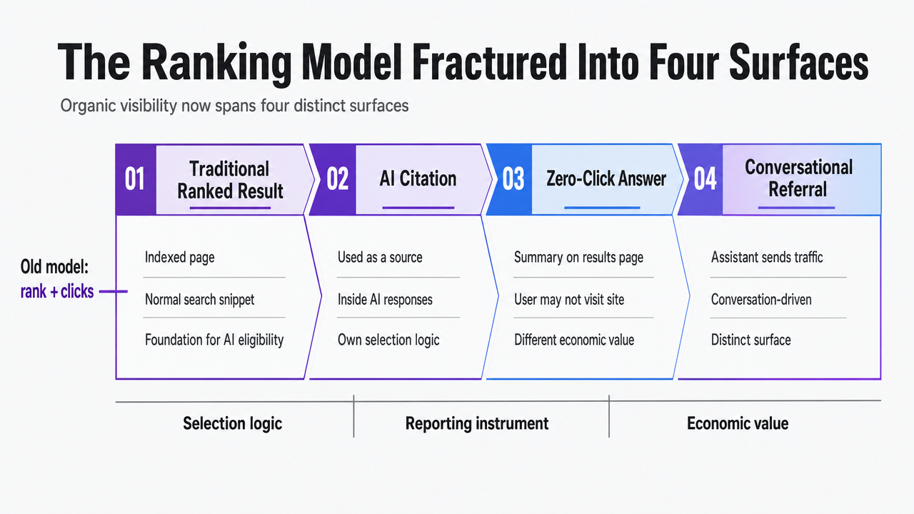 Visualize the four distinct organic visibility surfaces introduced in this section, giving readers a mental model for the rest of the article